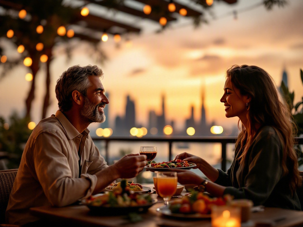 Modern restaurant interior in Dubai's Business Bay area with a loyalty programme rewards card on the table