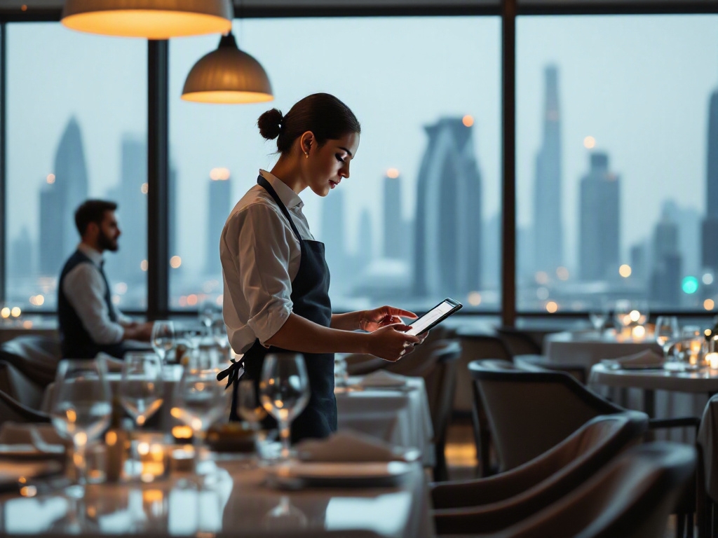 Empty restaurant interior in Dubai Marina with a Google Maps screen displaying on a laptop