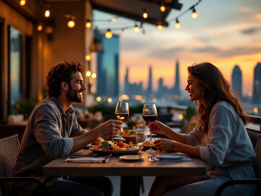 Dubai restaurant interior with WhatsApp message on phone screen