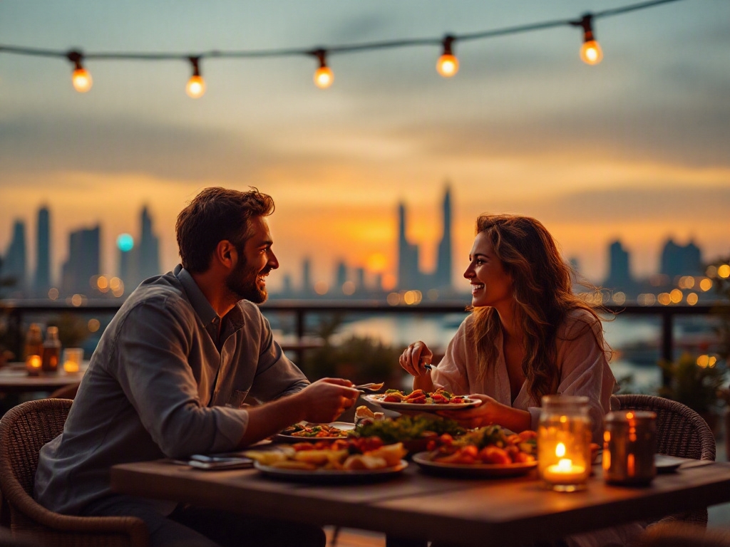 Modern restaurant interior in Dubai with empty tables and a city view