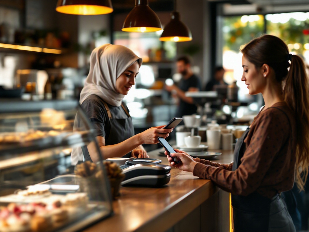 Modern restaurant interior in Dubai's Business Bay with a Google Maps pin on a laptop screen