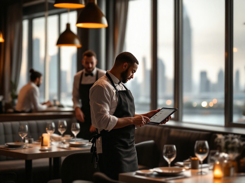 Empty restaurant interior in Dubai with a view of the Burj Khalifa