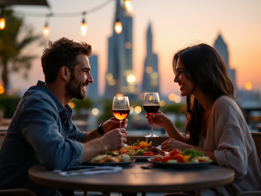 Modern restaurant interior in JLT Dubai with empty tables and chairs, and a blurred background of the Dubai Marina skyline